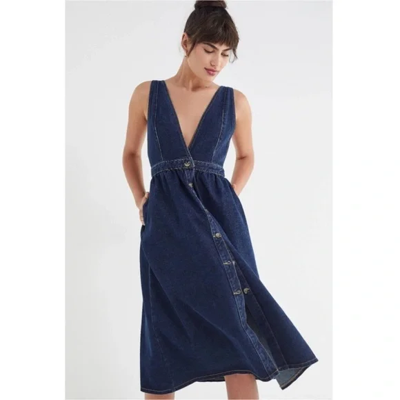 Urban Outfitters Danny Plunging Button Down Denim Overall Dress, EUC, Size XL - Picture 2 of 11